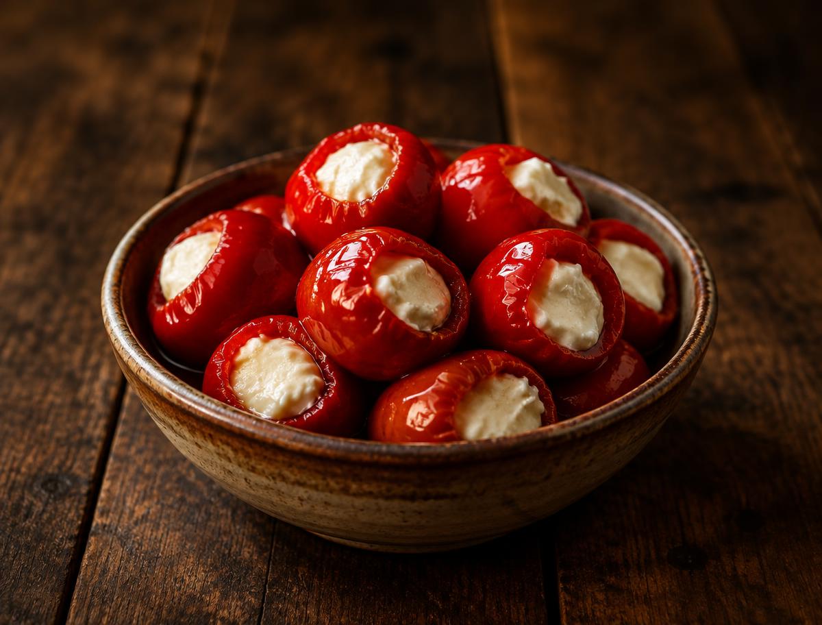 Peppadews gevuld met roomkaas in een schaaltje op een donkere houten plank