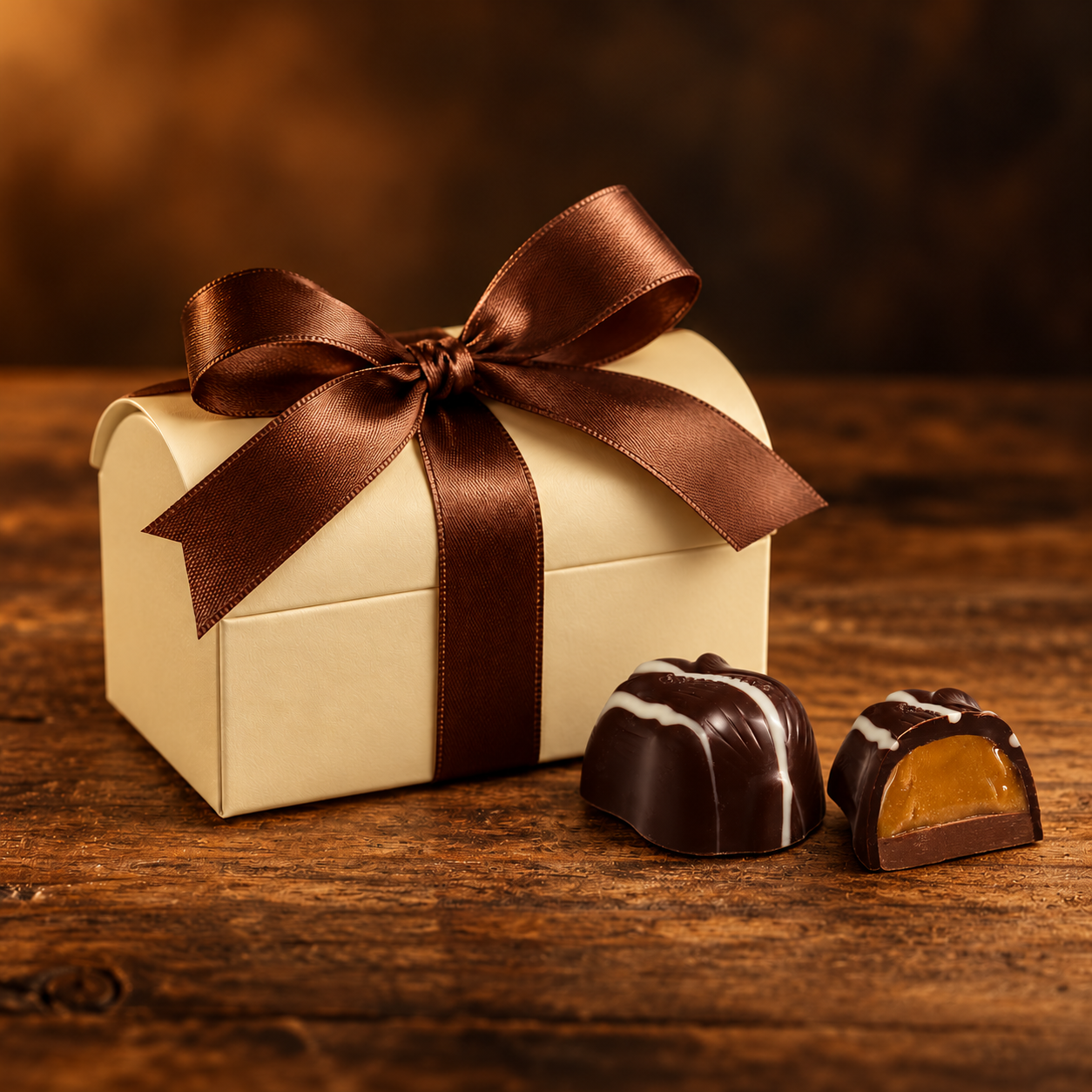 Gesloten crèmekleurig geschenkdoosje met een donkerbruine strik, twee bonbons ervoor waarvan één doorgesneden met karamelvulling, op een donkerbruine houten tafel