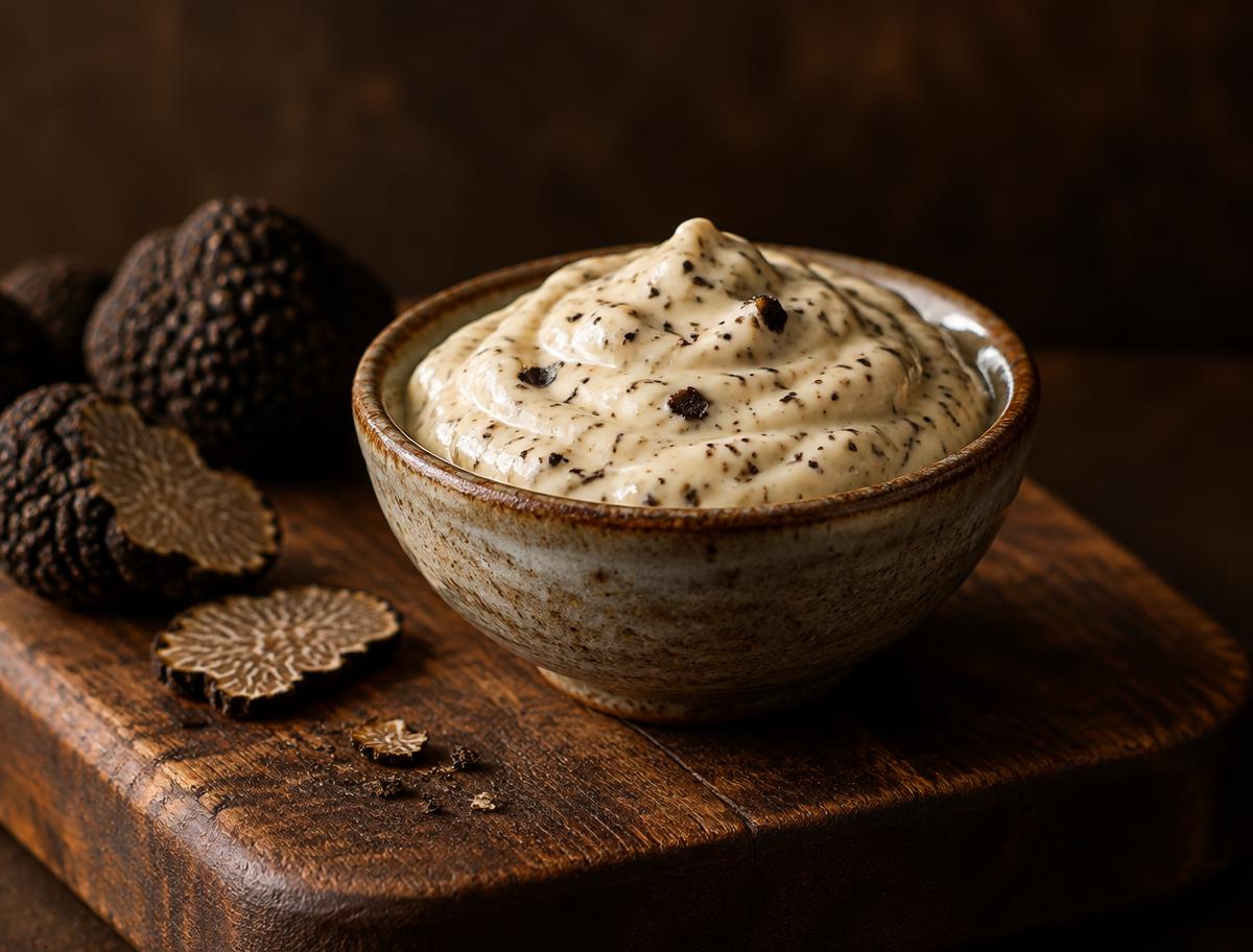Truffelmayonaise in een schaaltje op een houten plank