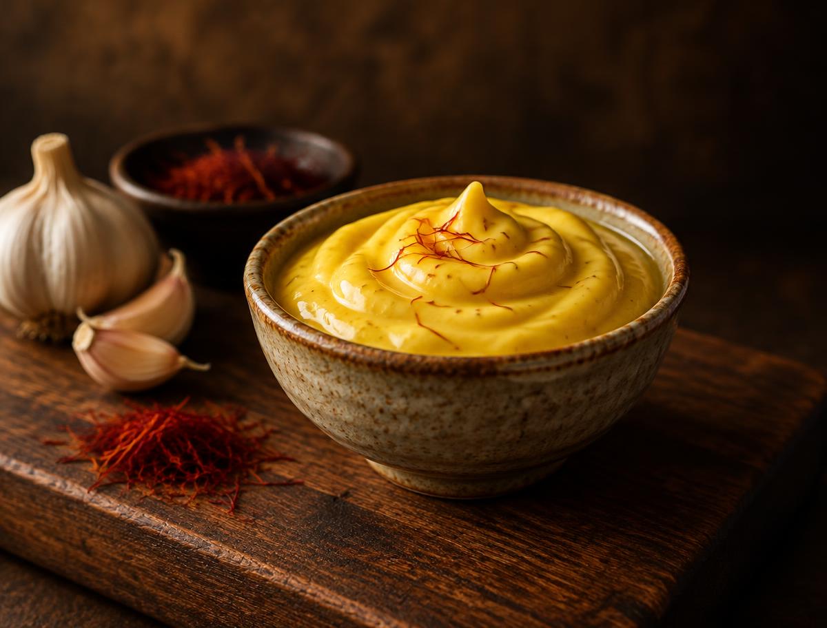 Aioli met saffraan in een schaaltje op een houten plank
