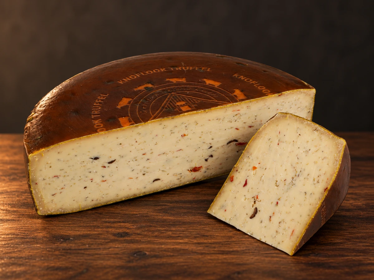 Boer’n Trots Honing Knoflook Truffel op een robuuste houten kaasplank