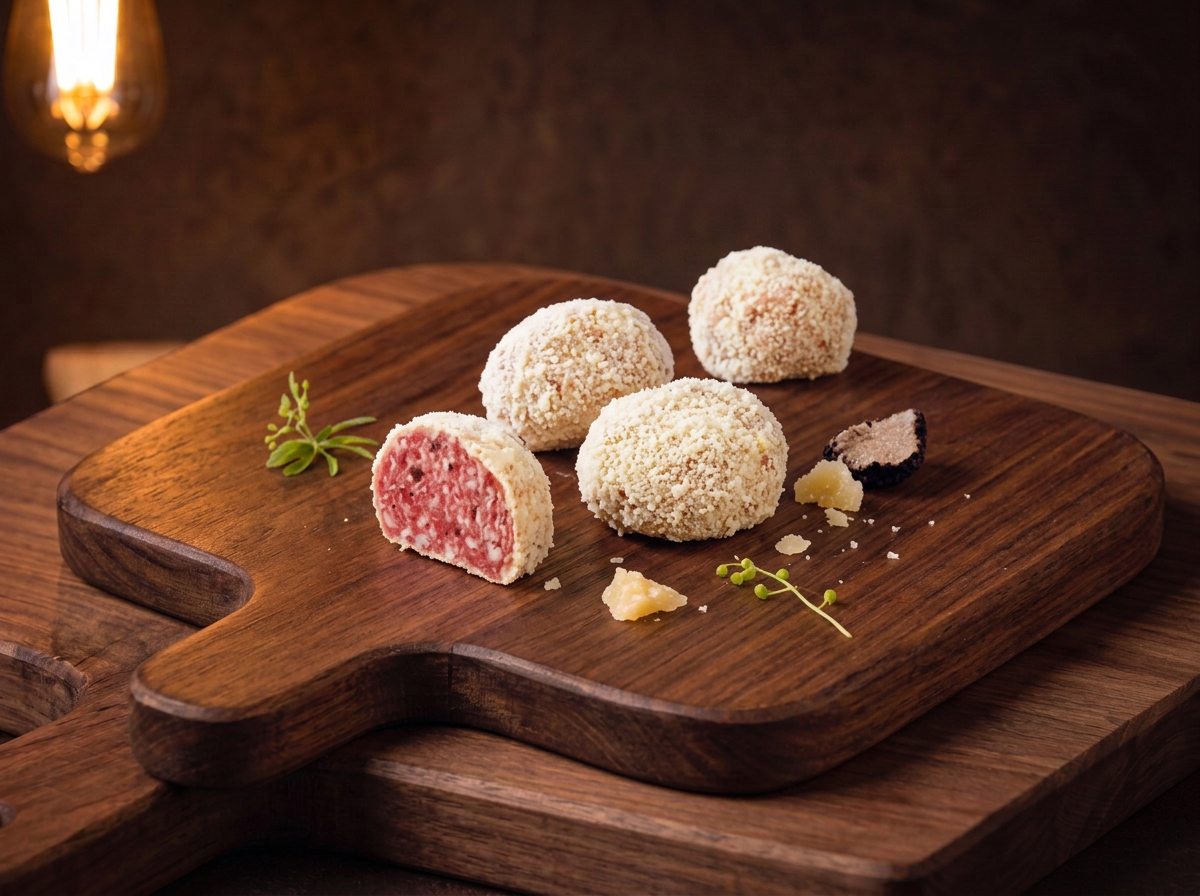 Saltufo: truffelsalami-balletjes omhuld met Parmigiano Reggiano op een houten plank