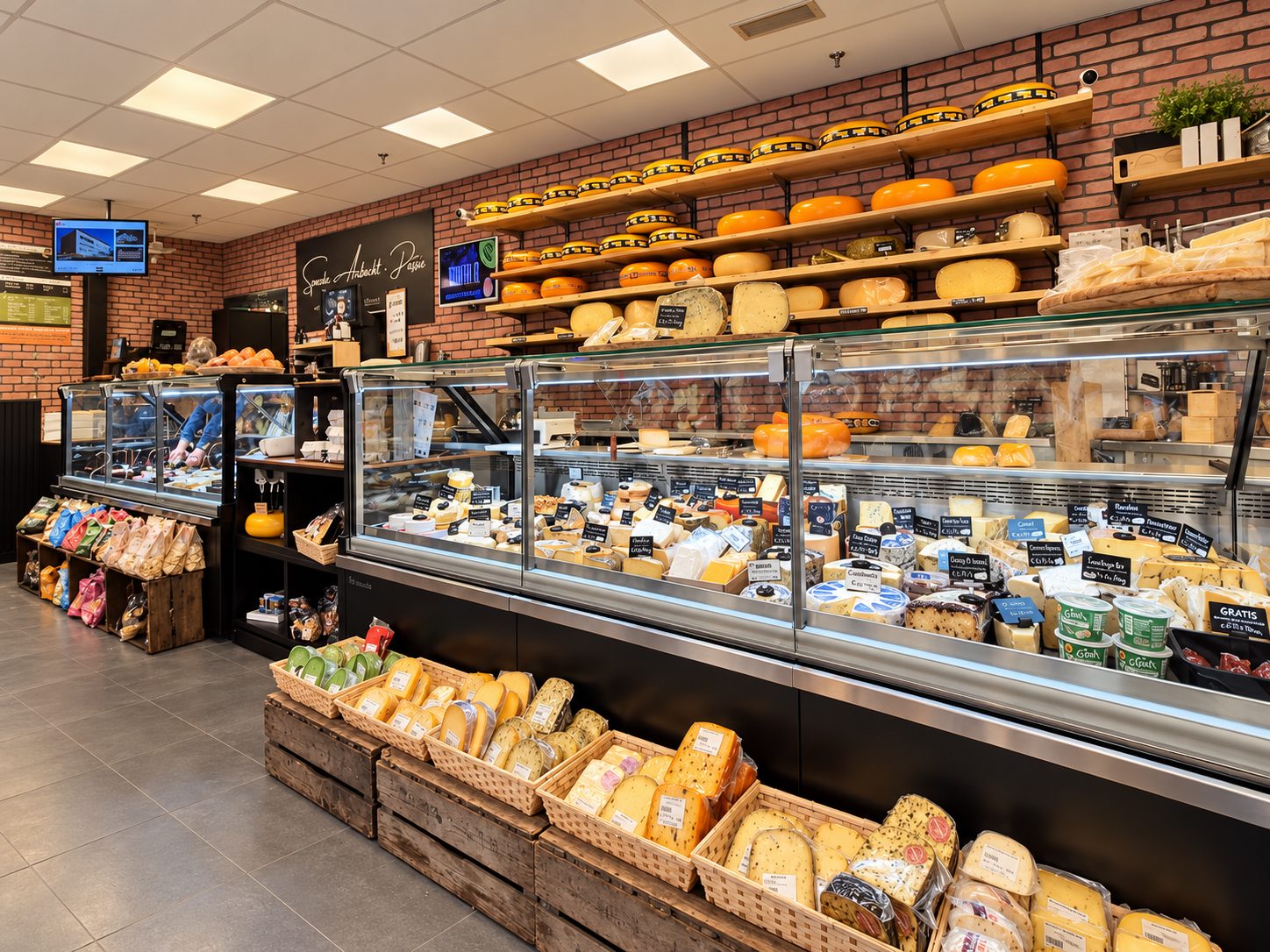 Winkel Bossche Bourgondiër in winkelcentrum Maaspoort: vitrine vol kazen en de bakstenen wand met Smaak · Ambacht · Passie