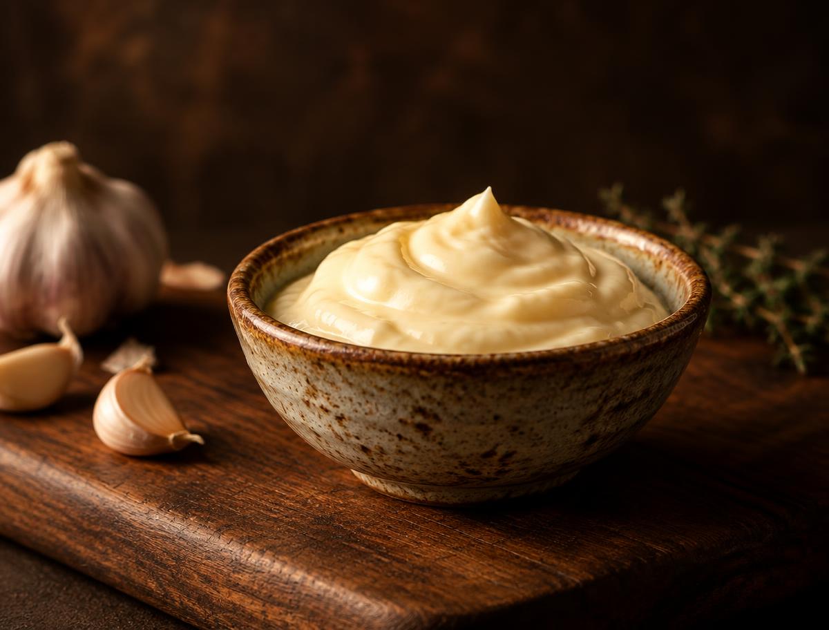 Aioli in een schaaltje op een houten plank