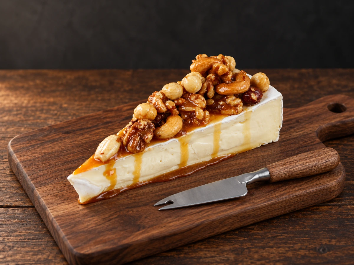 Een ronde, zachte Brie Caramello kaas met een witte, eetbare korst, liggend op een houten ondergrond, aangesneden om de romige binnenkant te tonen.