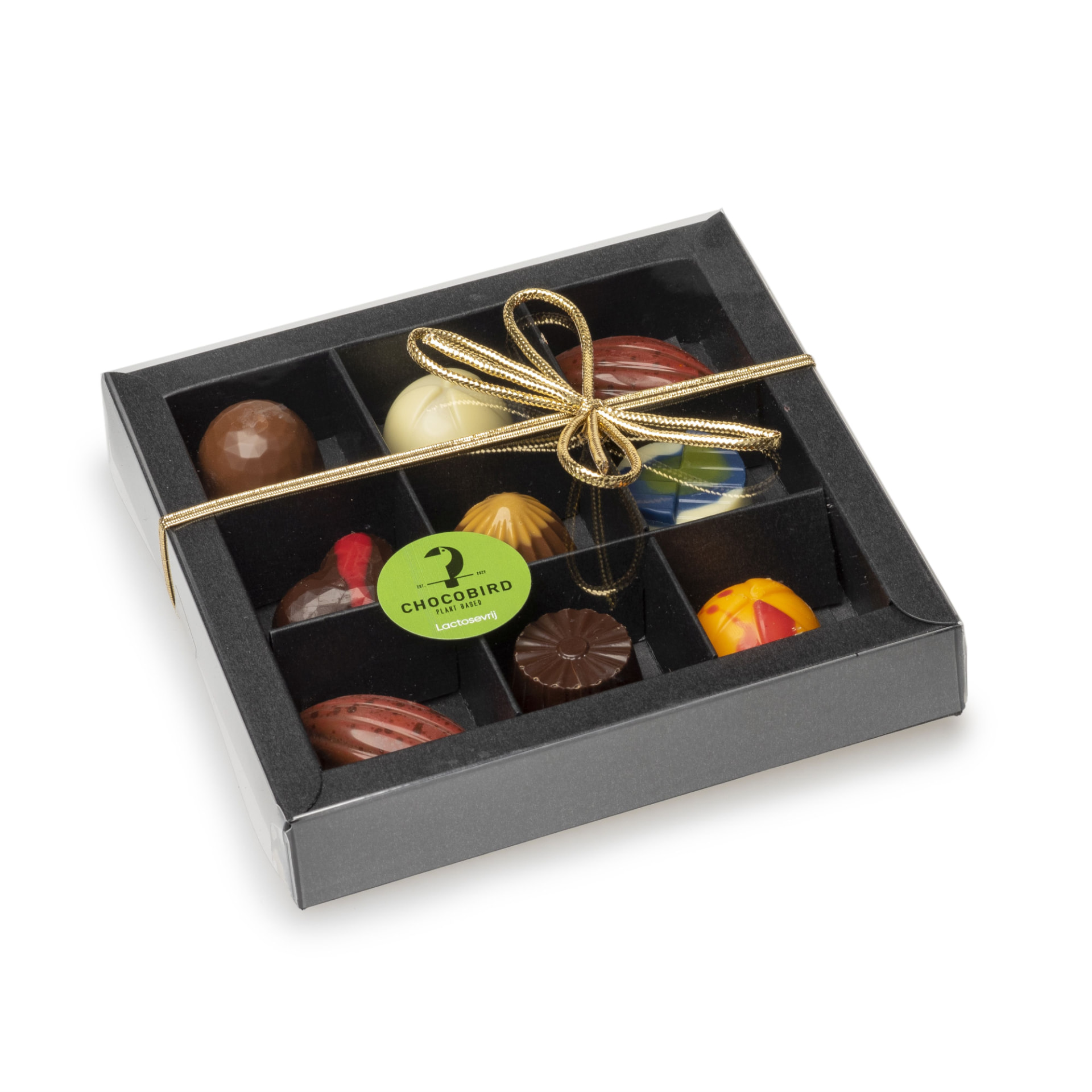 Chocobird geschenkdoosje met negen kleurrijke vegan bonbons en een gouden strik