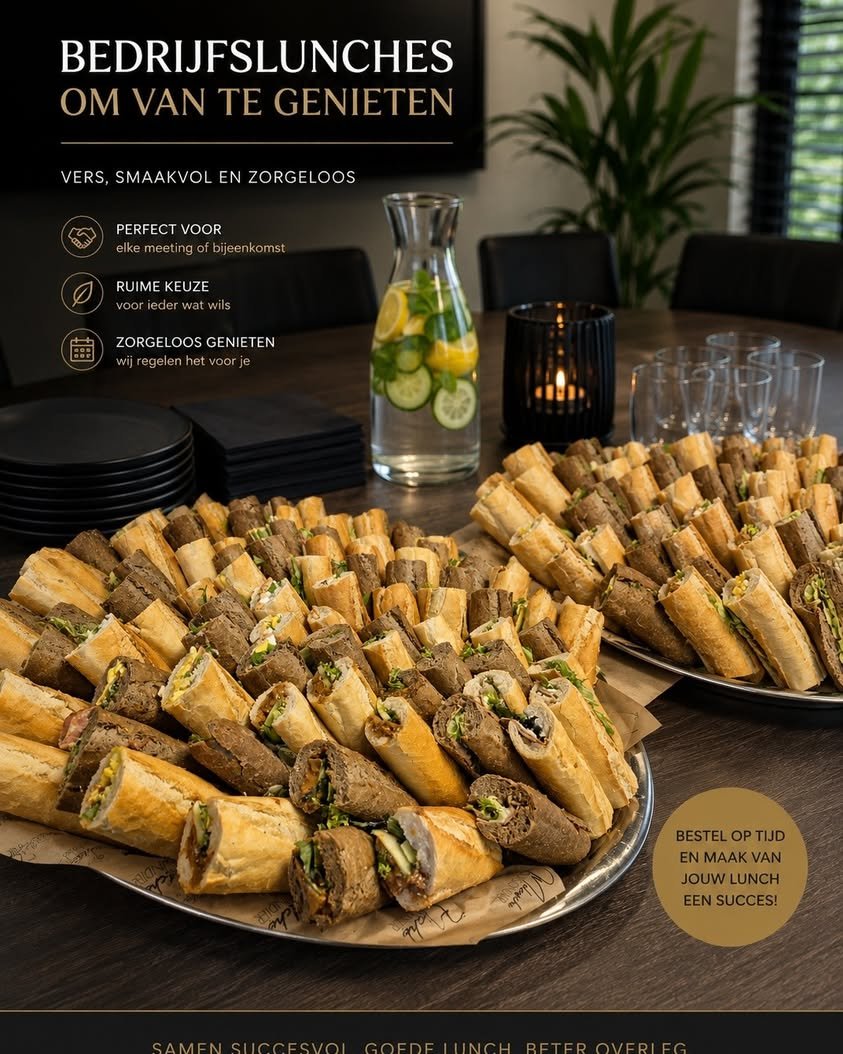 Schaal met vers belegde stokbroodjes voor een bedrijfslunch