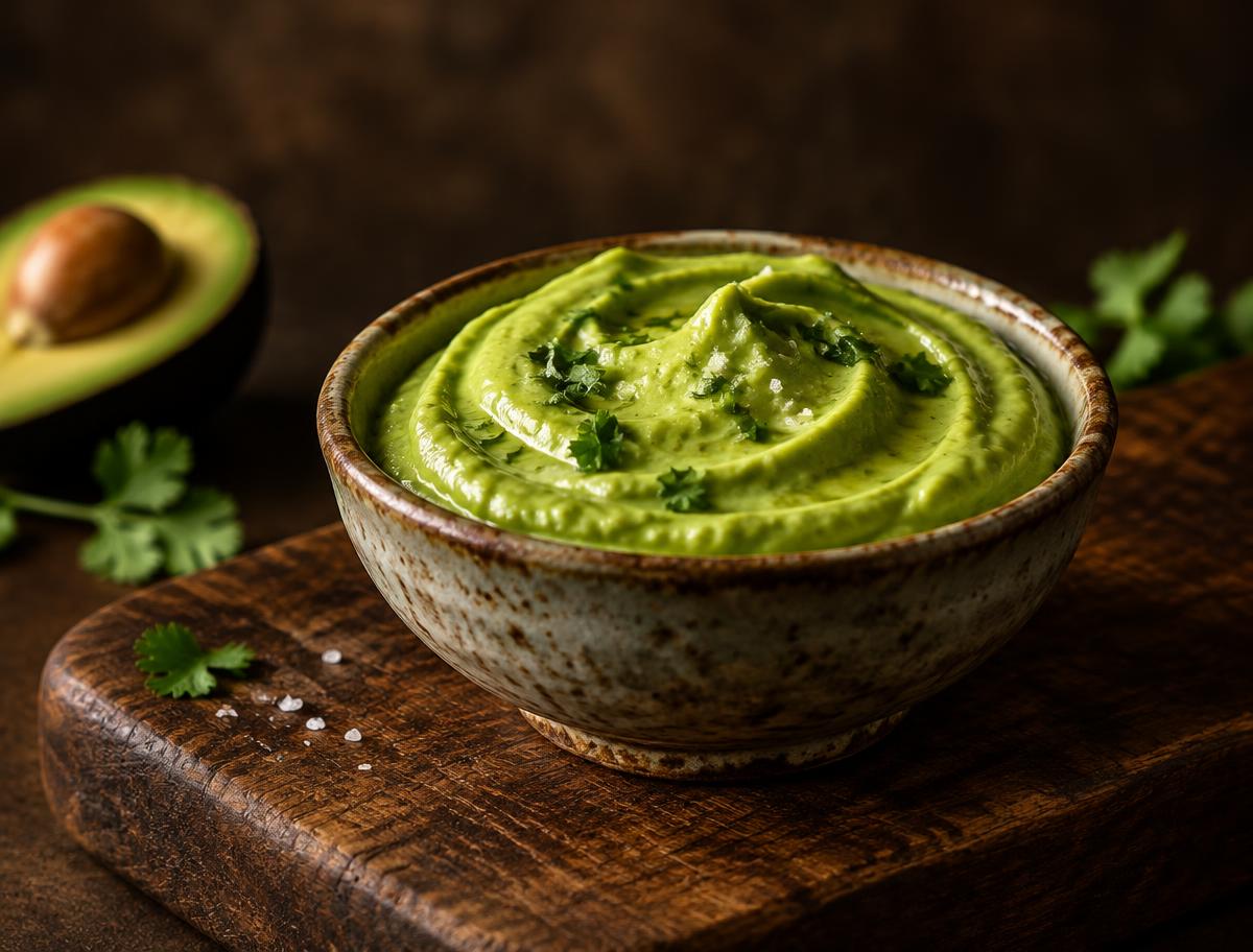 Avocadocrème in een schaaltje op een houten plank