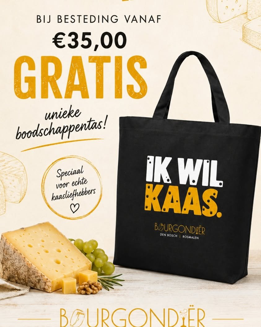 Zwarte IK WIL KAAS-boodschappentas van Bourgondiër naast kaas