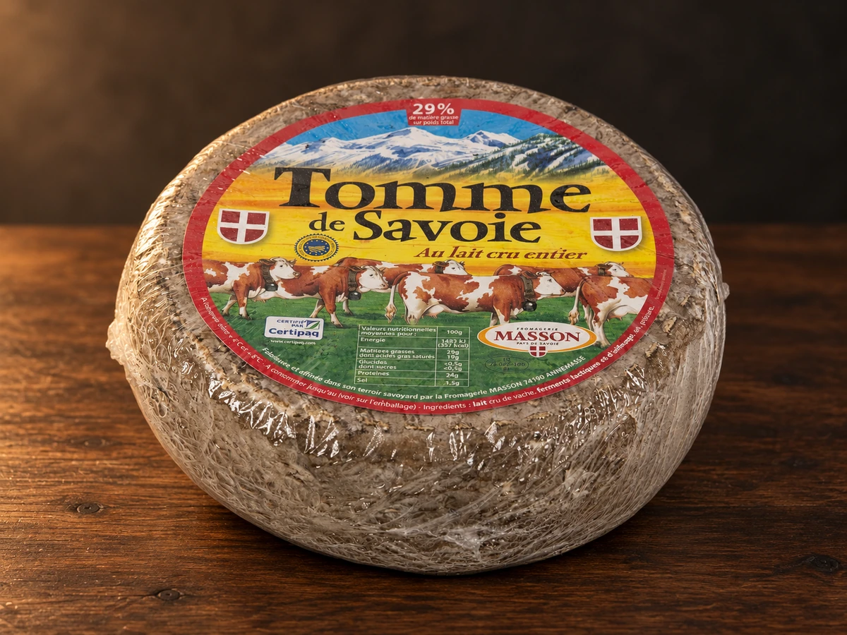 Een schijf Tomme de Savoie met zijn kenmerkende grijze korst en lichtgele binnenkant, liggend op een houten ondergrond, geflankeerd door een mes en eventueel wat brood.