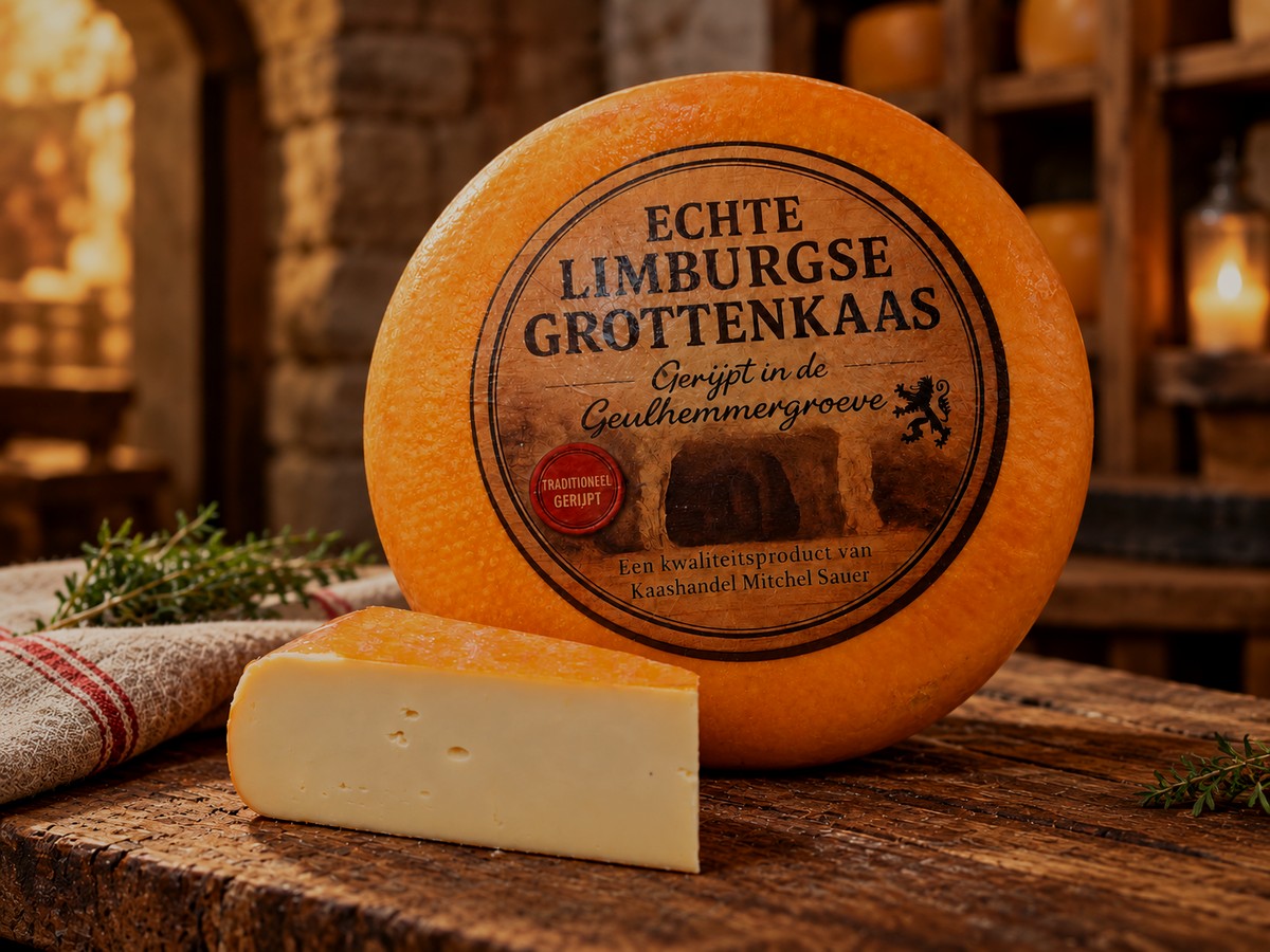Echte Limburgse Grottenkaas, gerijpt in de Geulhemmergroeve, als heel wiel met een gepunte punt in de kaaskelder