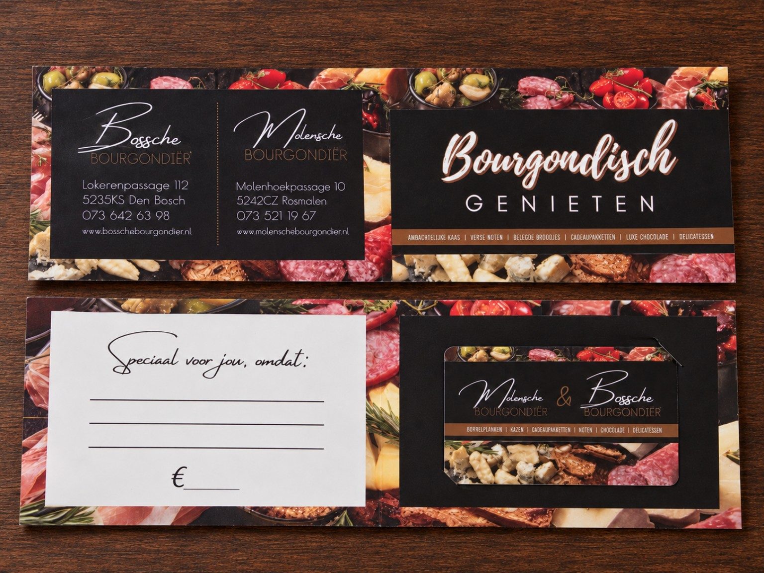 Cadeaubon van de Bossche en Molensche Bourgondiër: buitenkant met beide winkels en binnenkant met cadeaukaart