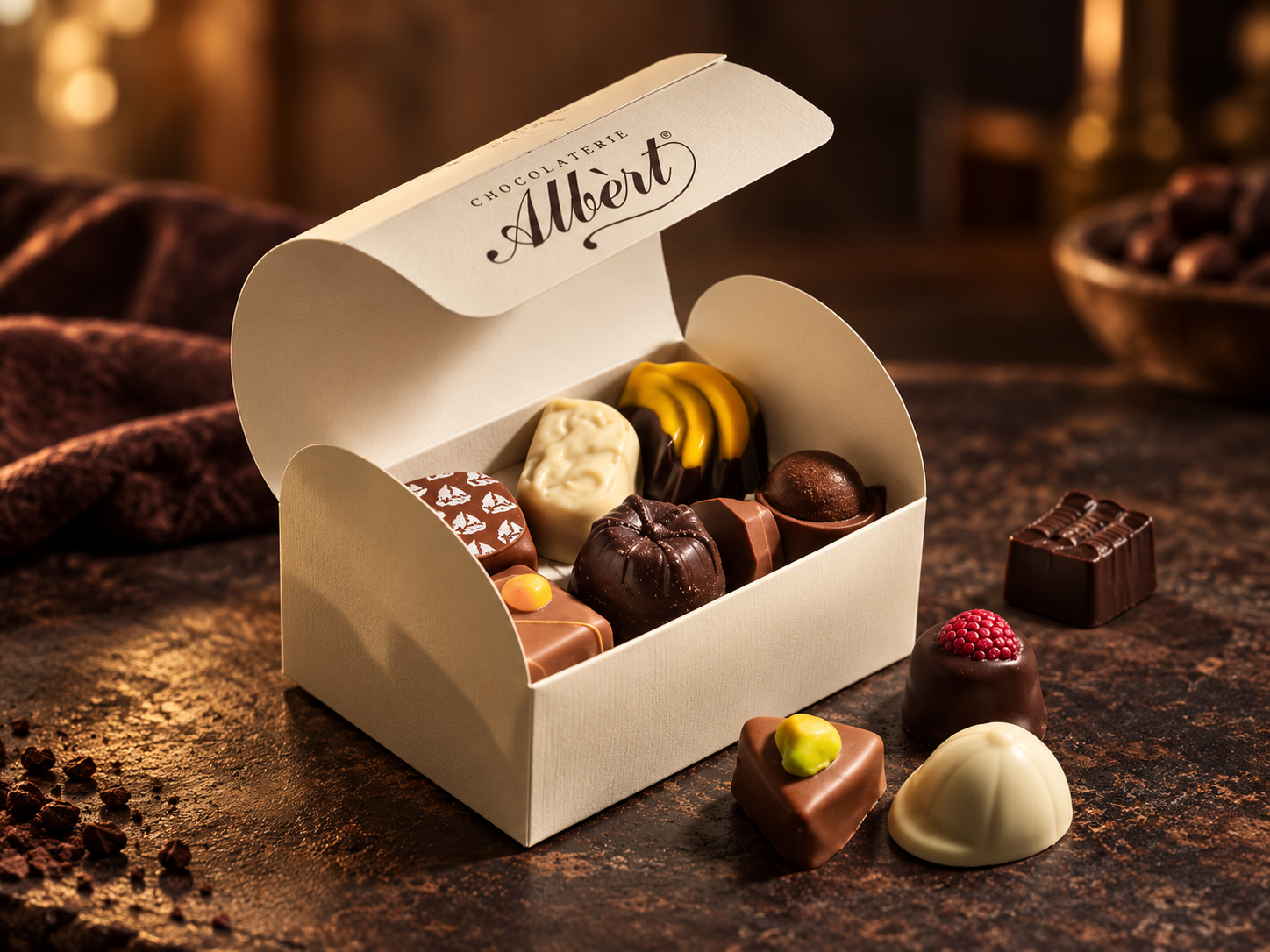Open doosje Albért-bonbons met een rij bonbons en de deksel met de tekst CHOCOLATERIE Albert