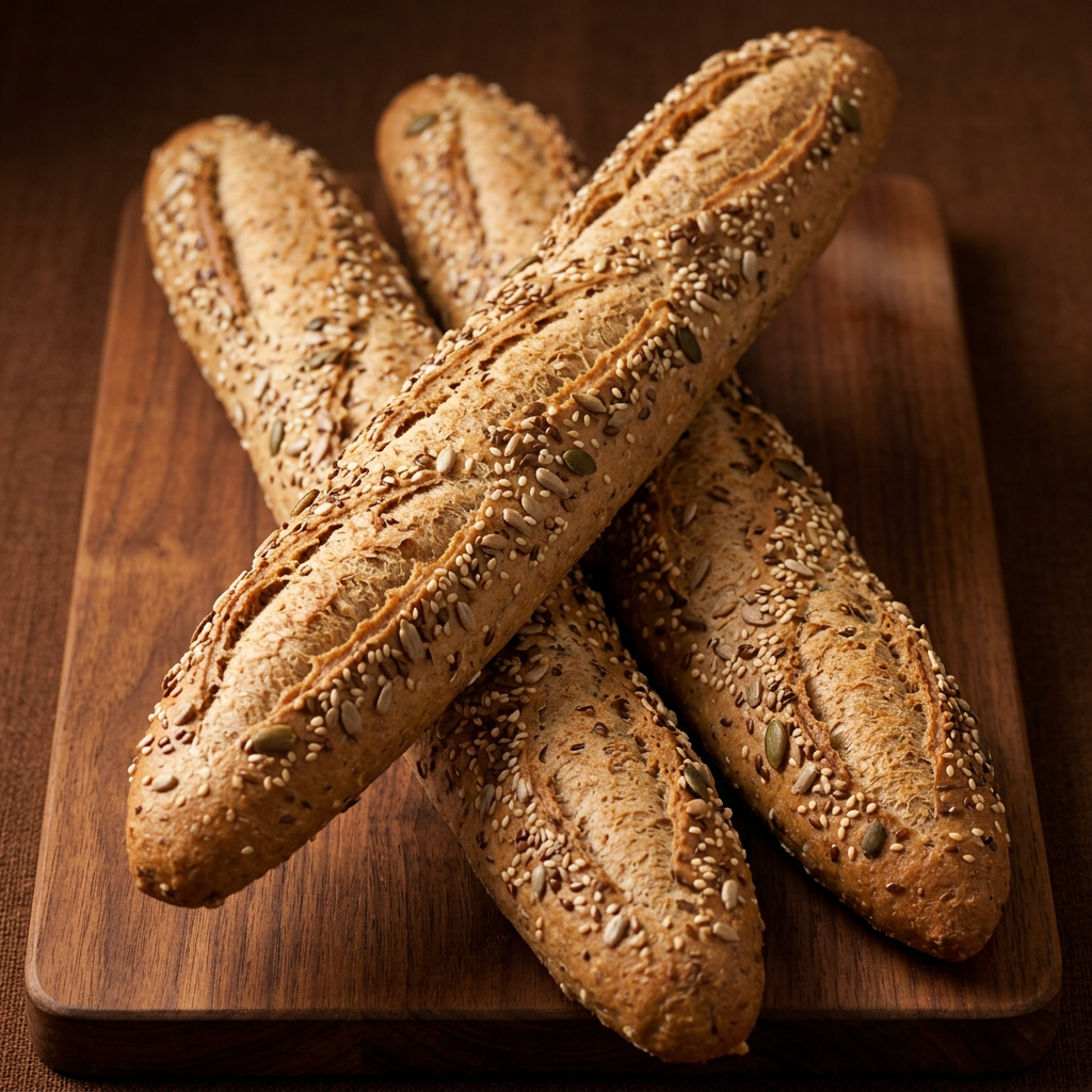Lichtbruin stokbrood met pitjes op een houten plank