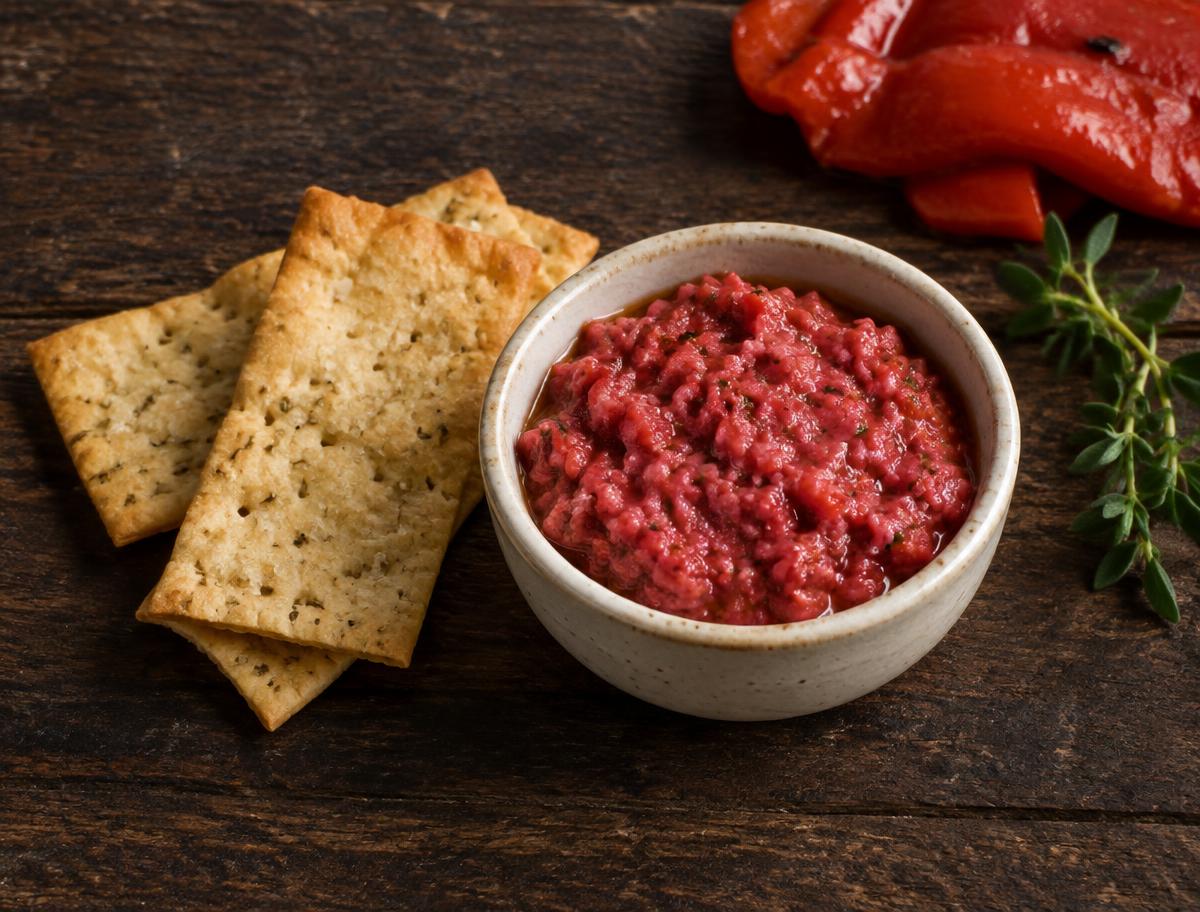 Peppersweet-tapenade in een schaaltje op een houten plank