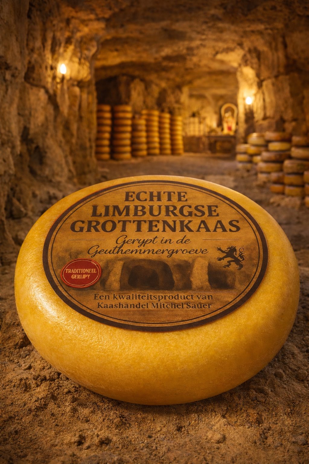 Limburgse grottenkaas met etiket in een mergelgrot