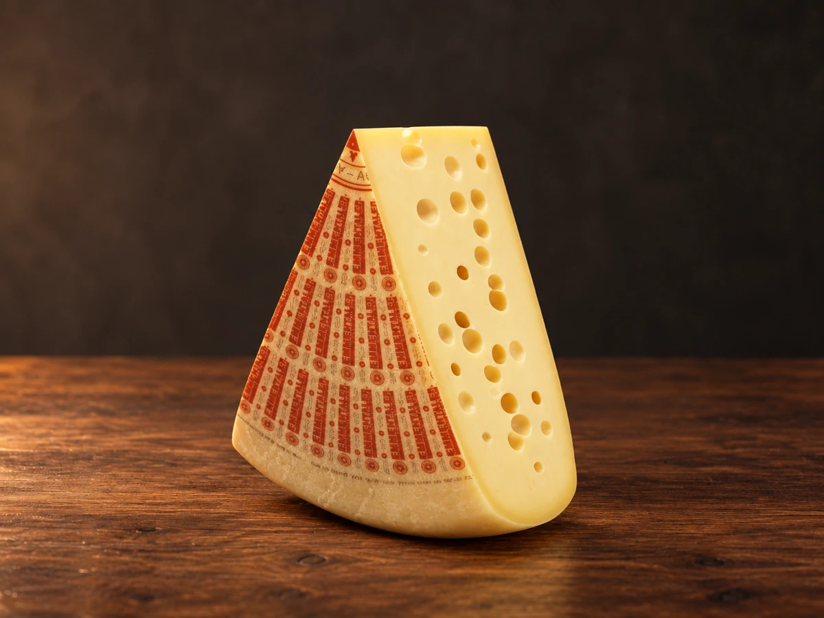 Emmentaler op een donkere houten plank met warme achtergrond