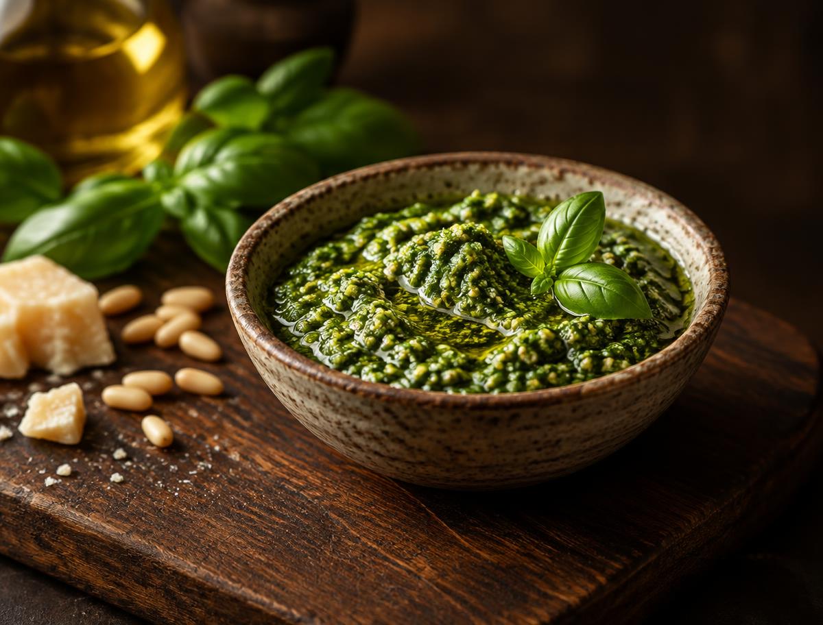 Verse pesto in een schaaltje op een houten plank