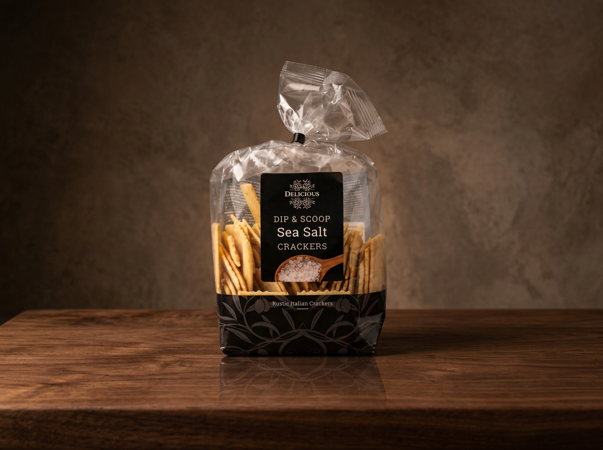 Delicious Dip & Scoop zeezout, 200 gram, op een houten plank