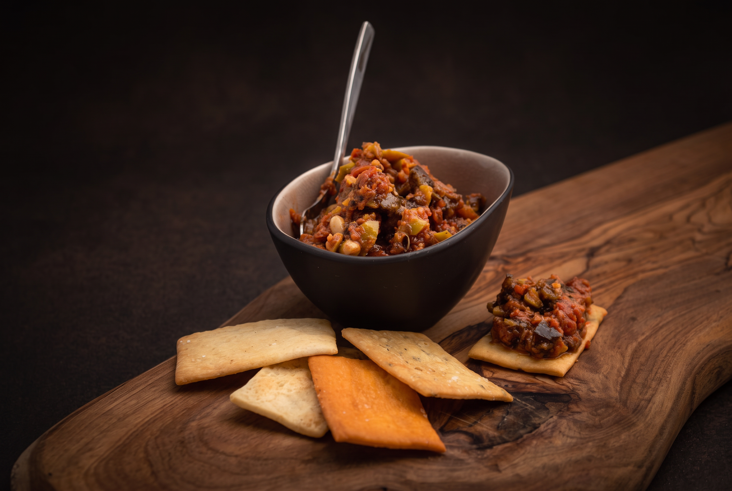 Tricolore tapenade in een schaaltje op een houten plank