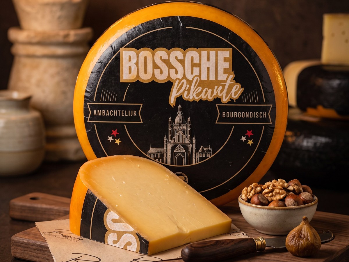 Bossche Pikant, onze eigen kaas, op een houten plank met nootjes en een kaasmes