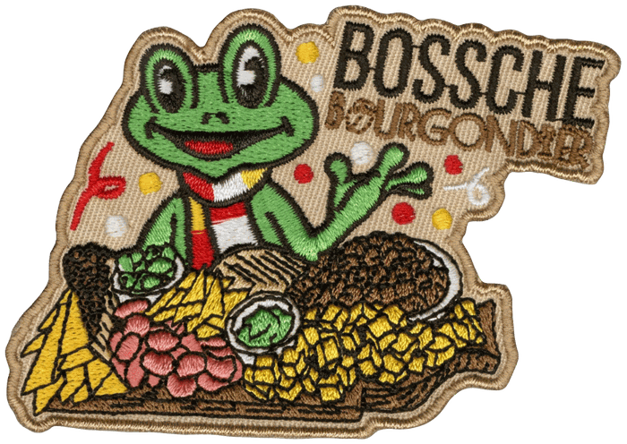Ons eigen geborduurde embleem: een groene kikker met een borrelplank en de tekst Bossche Bourgondiër